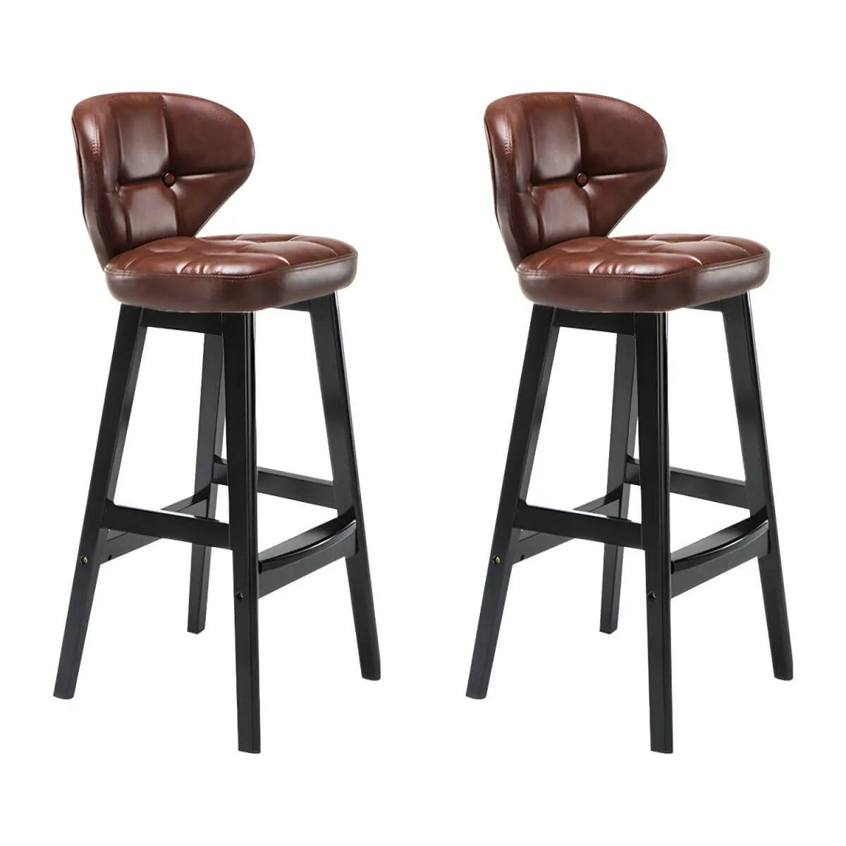 Tufted Leather Bar Stool with Low Curved Back and X-Brace Wood Legs