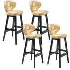Tufted Leather Bar Stool with Low Curved Back and X-Brace Wood Legs