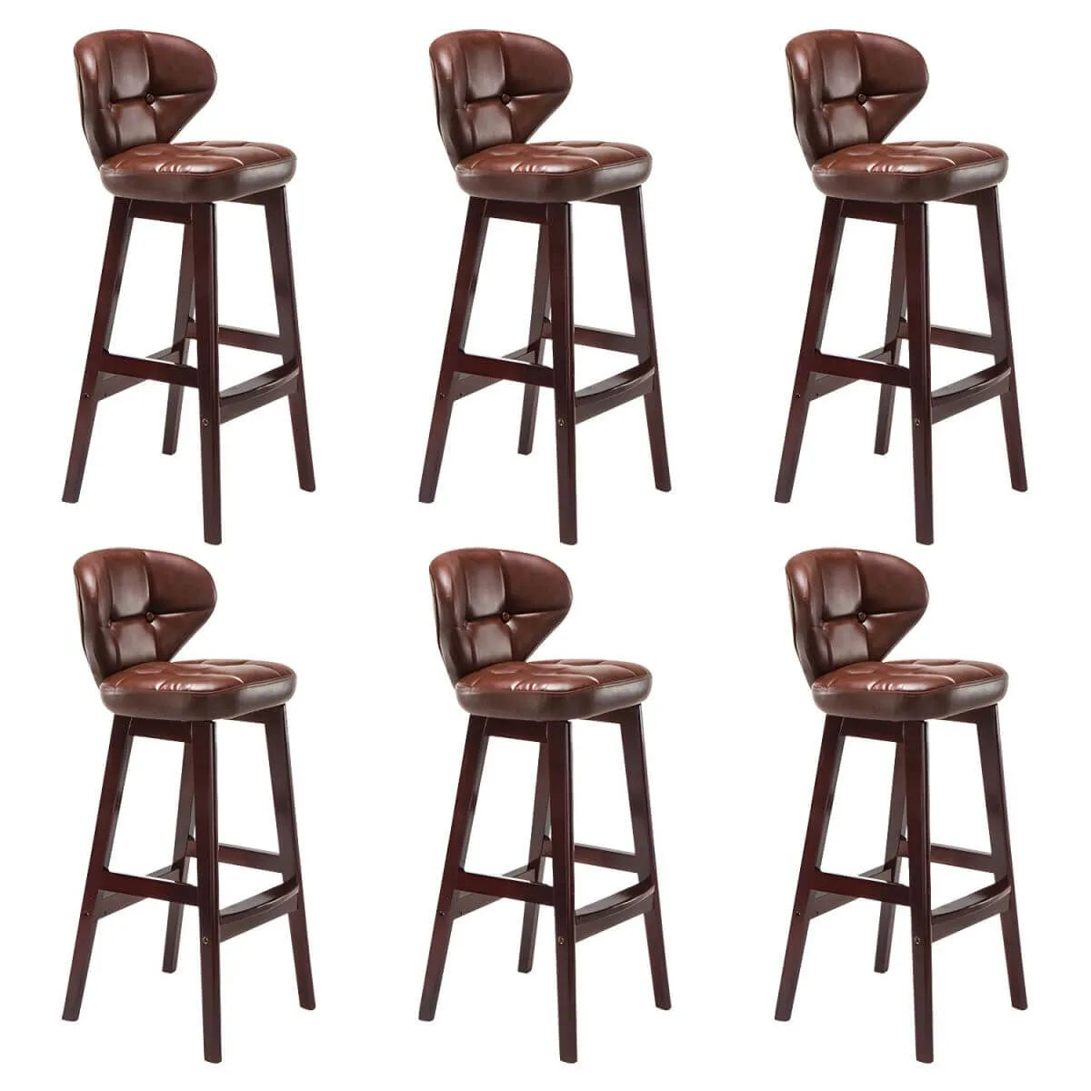 Tufted Leather Bar Stool with Low Curved Back and X-Brace Wood Legs