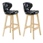 Tufted Leather Bar Stool with Low Curved Back and X-Brace Wood Legs