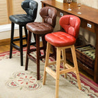 Tufted Leather Bar Stool with Low Curved Back and X-Brace Wood Legs