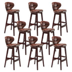 Tufted Leather Bar Stool with Low Curved Back and X-Brace Wood Legs