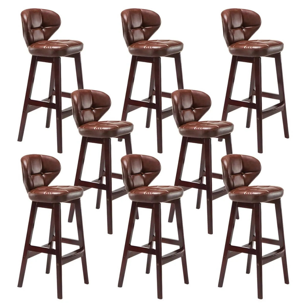 Tufted Leather Bar Stool with Low Curved Back and X-Brace Wood Legs