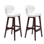 Tufted Leather Bar Stool with Low Curved Back and X-Brace Wood Legs