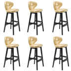 Tufted Leather Bar Stool with Low Curved Back and X-Brace Wood Legs