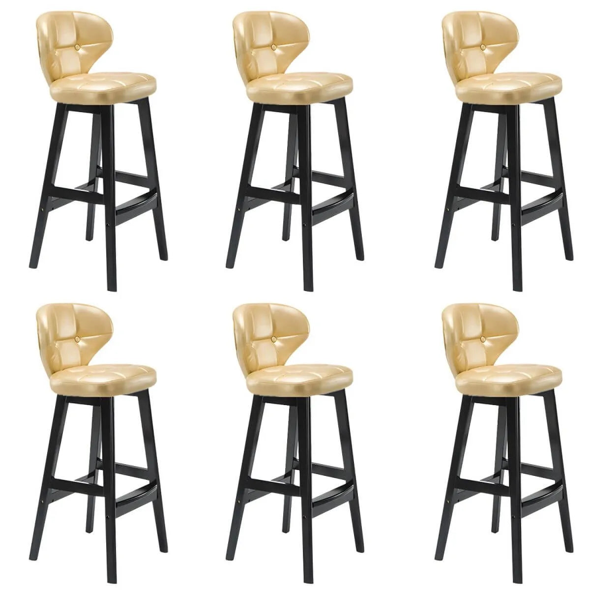 Tufted Leather Bar Stool with Low Curved Back and X-Brace Wood Legs