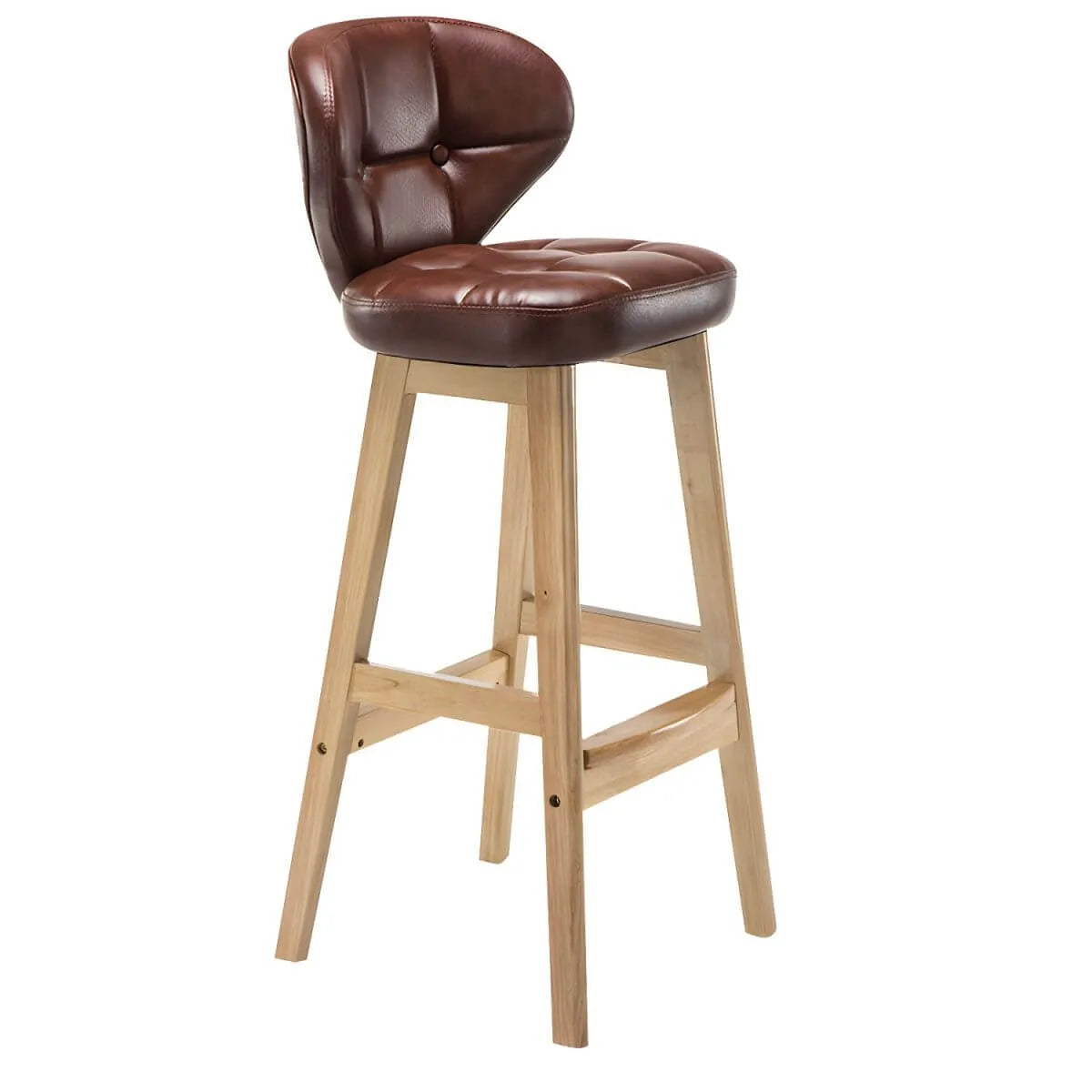 Tufted Leather Bar Stool with Low Curved Back and X-Brace Wood Legs