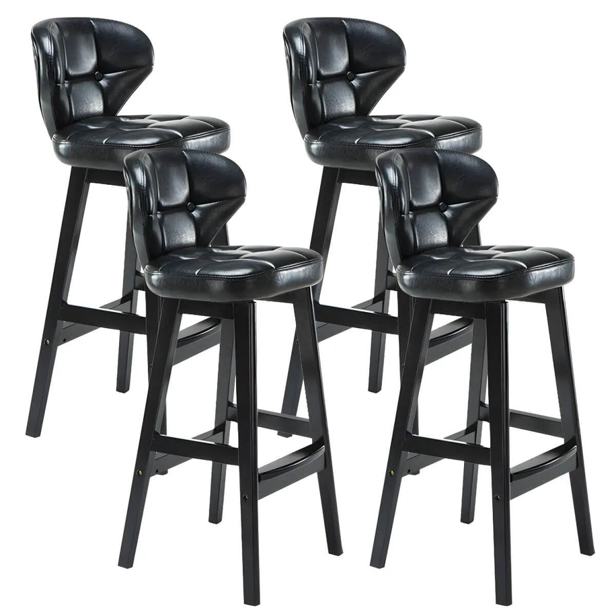 Tufted Leather Bar Stool with Low Curved Back and X-Brace Wood Legs