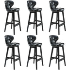 Tufted Leather Bar Stool with Low Curved Back and X-Brace Wood Legs