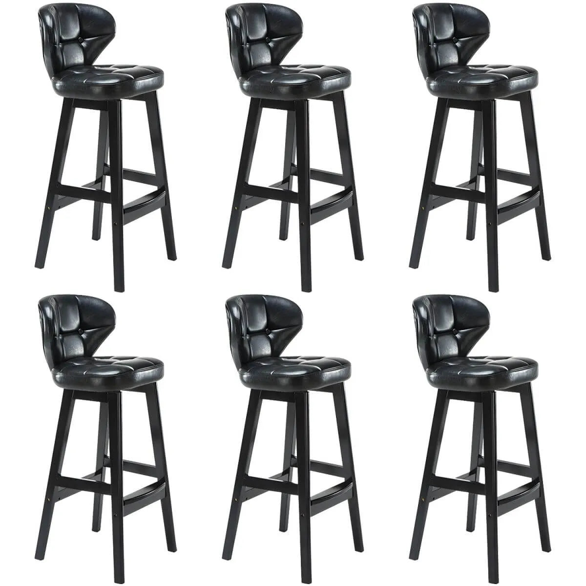 Tufted Leather Bar Stool with Low Curved Back and X-Brace Wood Legs