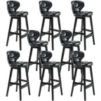 Tufted Leather Bar Stool with Low Curved Back and X-Brace Wood Legs