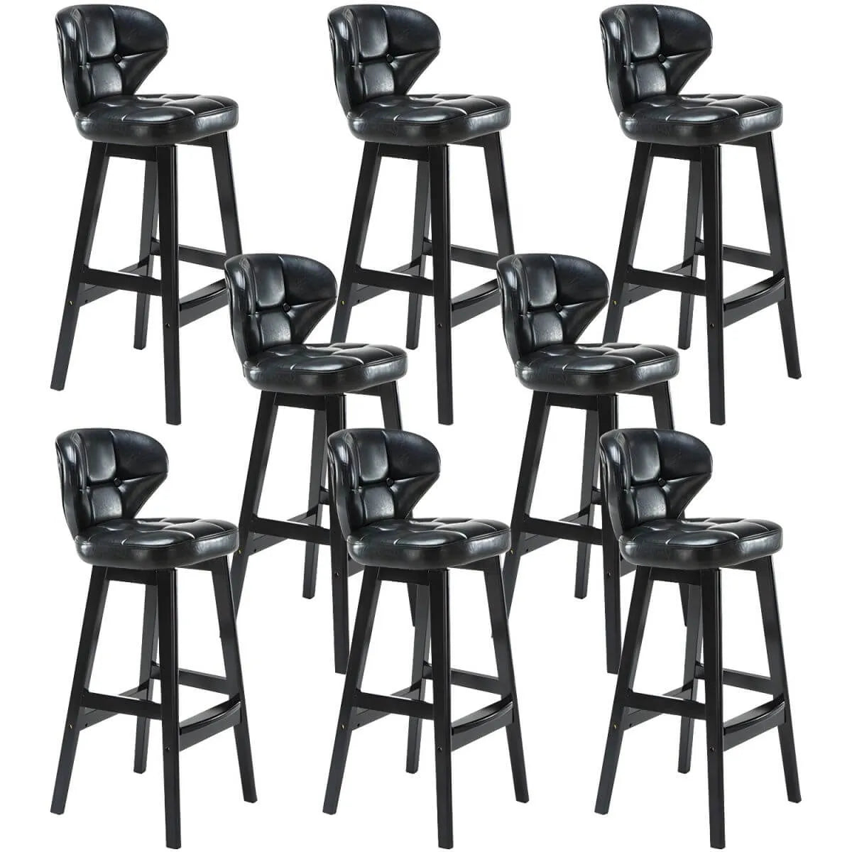 Tufted Leather Bar Stool with Low Curved Back and X-Brace Wood Legs