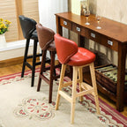 Tufted Leather Bar Stool with Low Curved Back and X-Brace Wood Legs