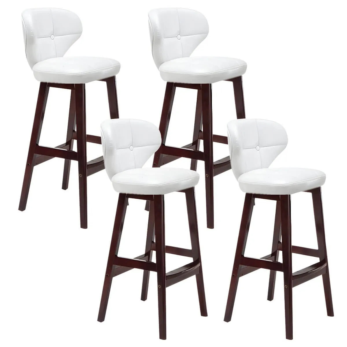 Tufted Leather Bar Stool with Low Curved Back and X-Brace Wood Legs