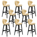 Tufted Leather Bar Stool with Low Curved Back and X-Brace Wood Legs