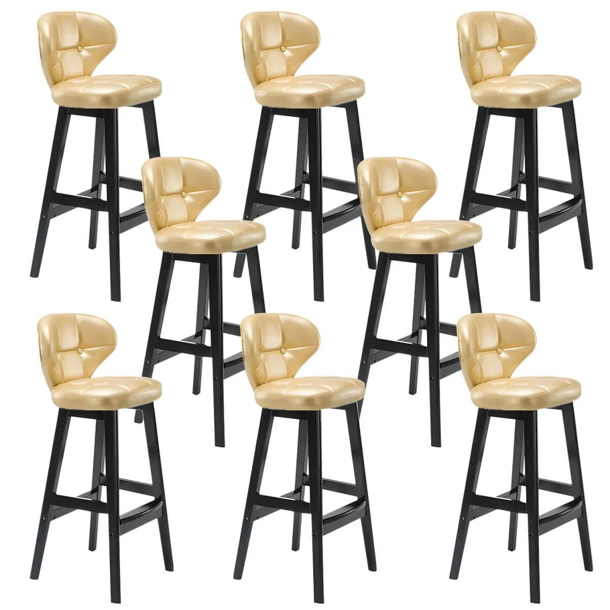Tufted Leather Bar Stool with Low Curved Back and X-Brace Wood Legs