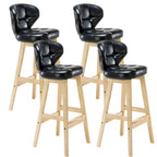 Tufted Leather Bar Stool with Low Curved Back and X-Brace Wood Legs