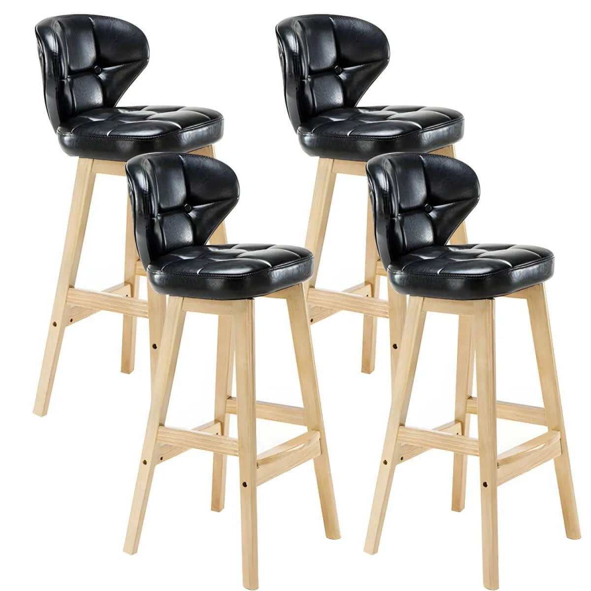 Tufted Leather Bar Stool with Low Curved Back and X-Brace Wood Legs