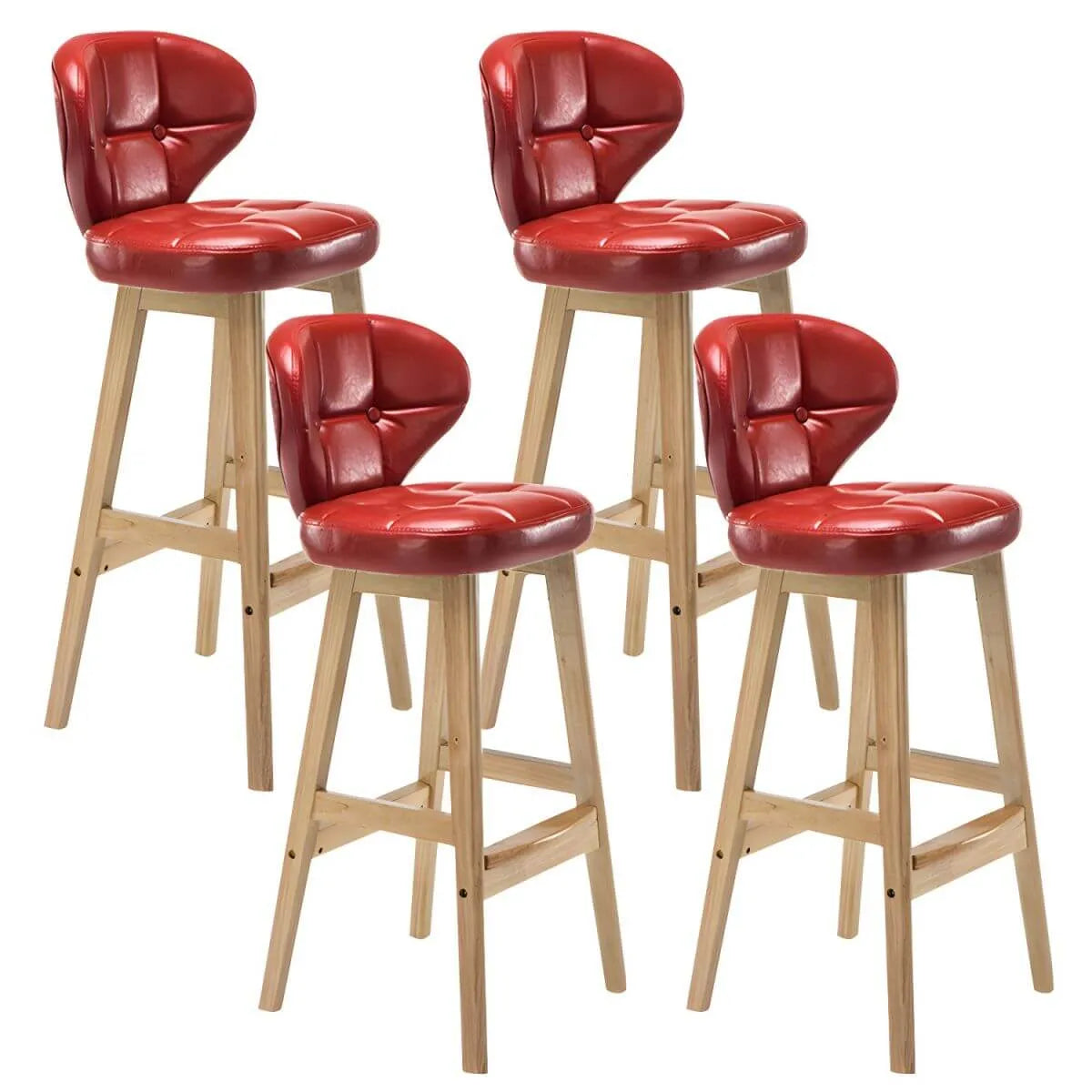 Tufted Leather Bar Stool with Low Curved Back and X-Brace Wood Legs