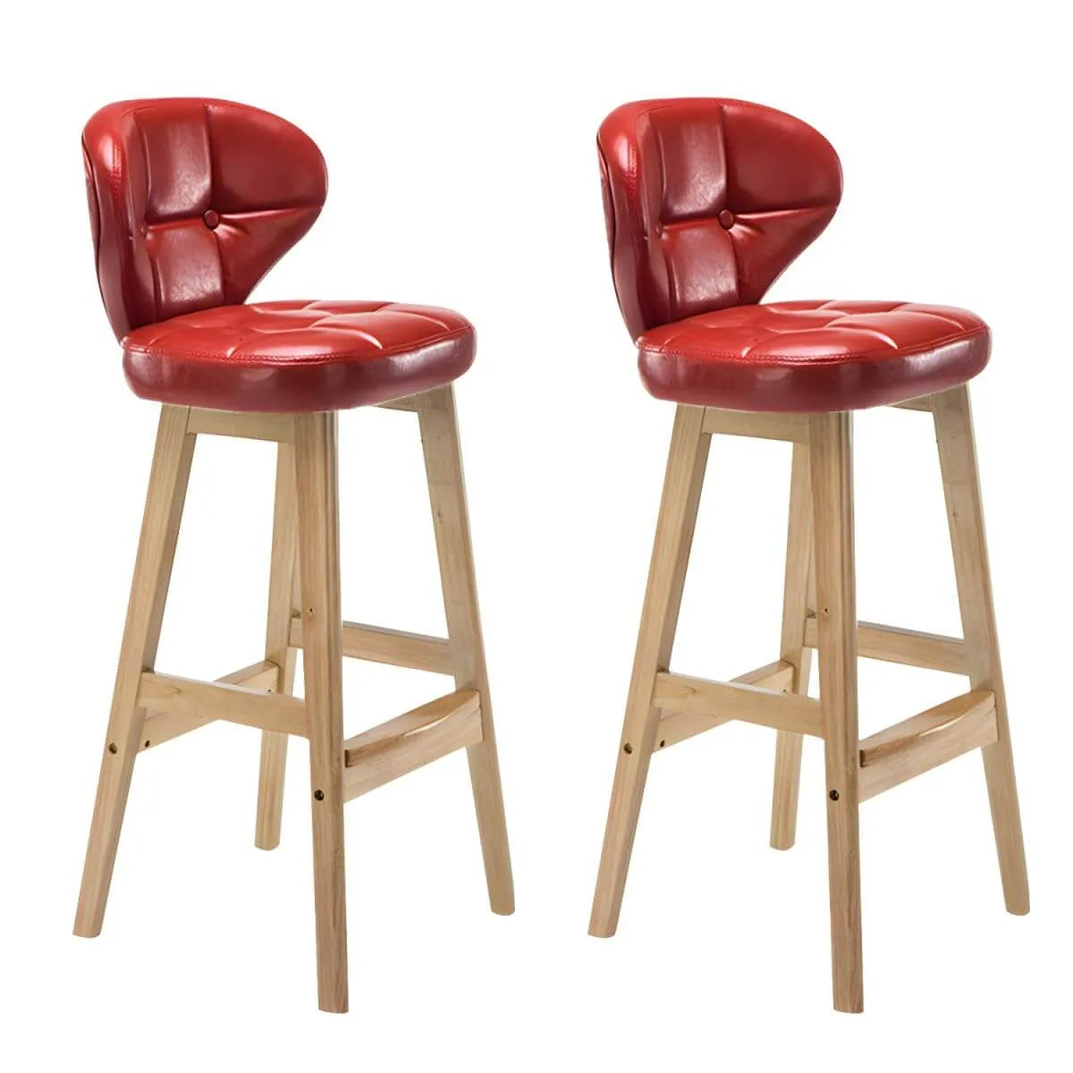 Tufted Leather Bar Stool with Low Curved Back and X-Brace Wood Legs