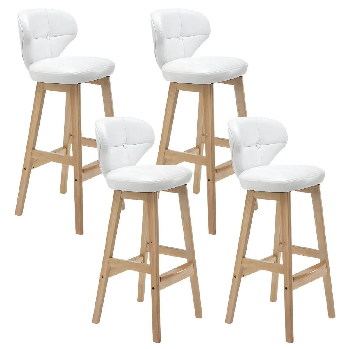 Tufted Leather Bar Stool with Low Curved Back and X-Brace Wood Legs