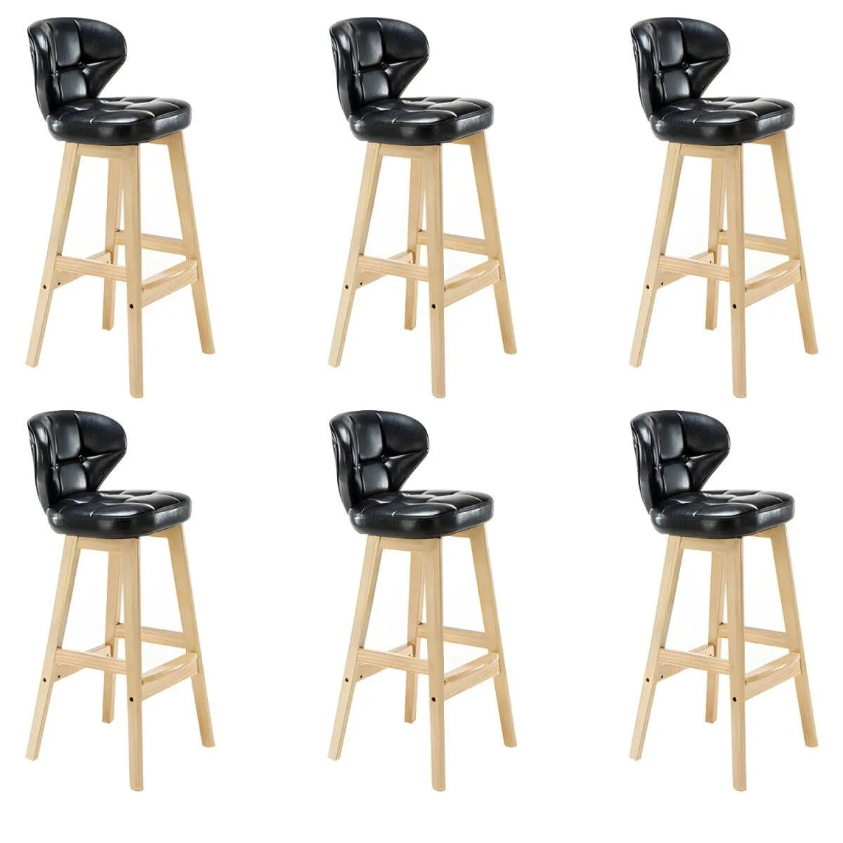 Tufted Leather Bar Stool with Low Curved Back and X-Brace Wood Legs
