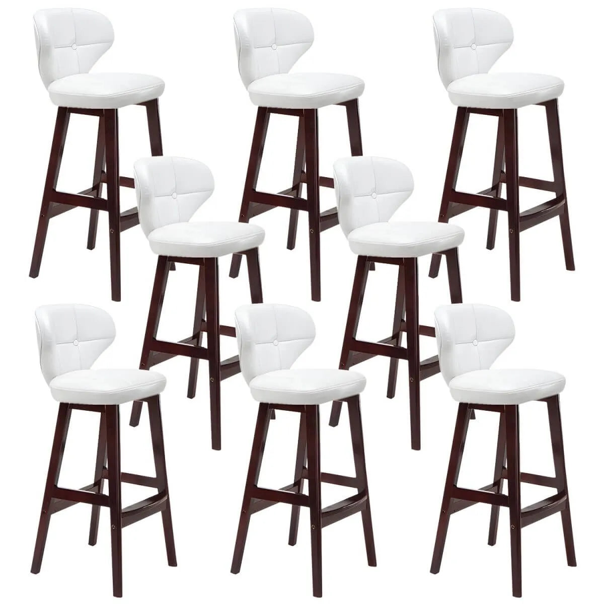 Tufted Leather Bar Stool with Low Curved Back and X-Brace Wood Legs