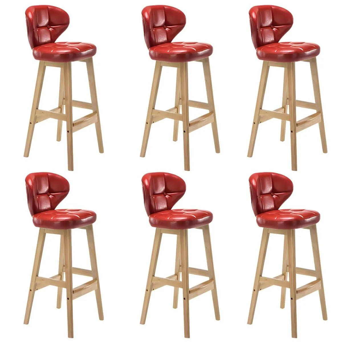 Tufted Leather Bar Stool with Low Curved Back and X-Brace Wood Legs