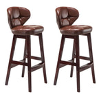 Tufted Leather Bar Stool with Low Curved Back and X-Brace Wood Legs