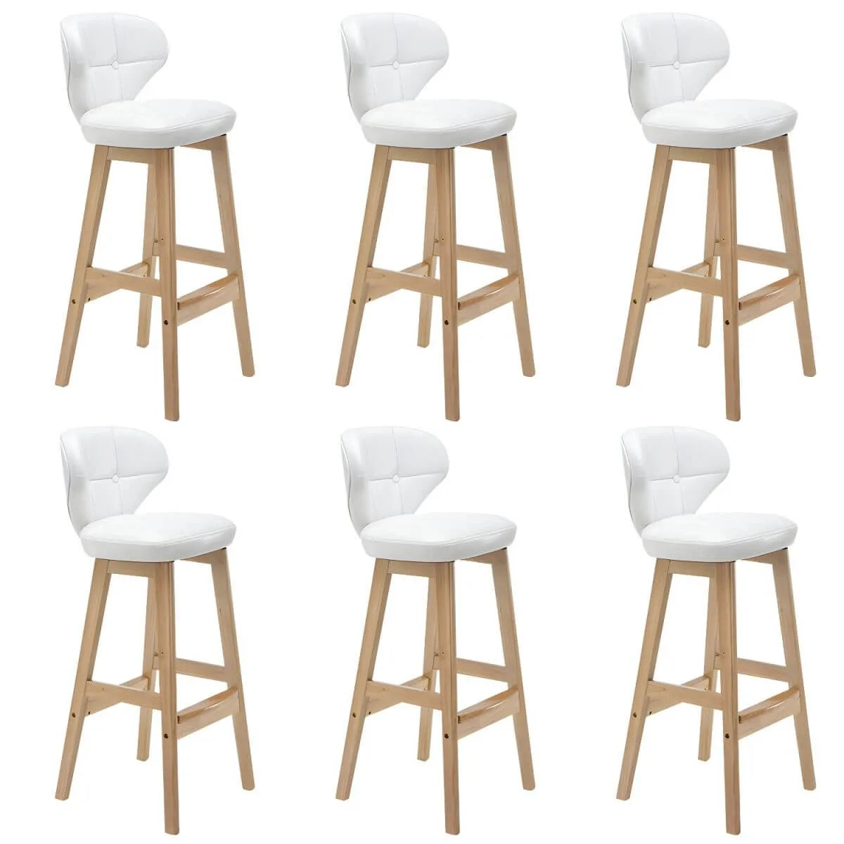 Tufted Leather Bar Stool with Low Curved Back and X-Brace Wood Legs