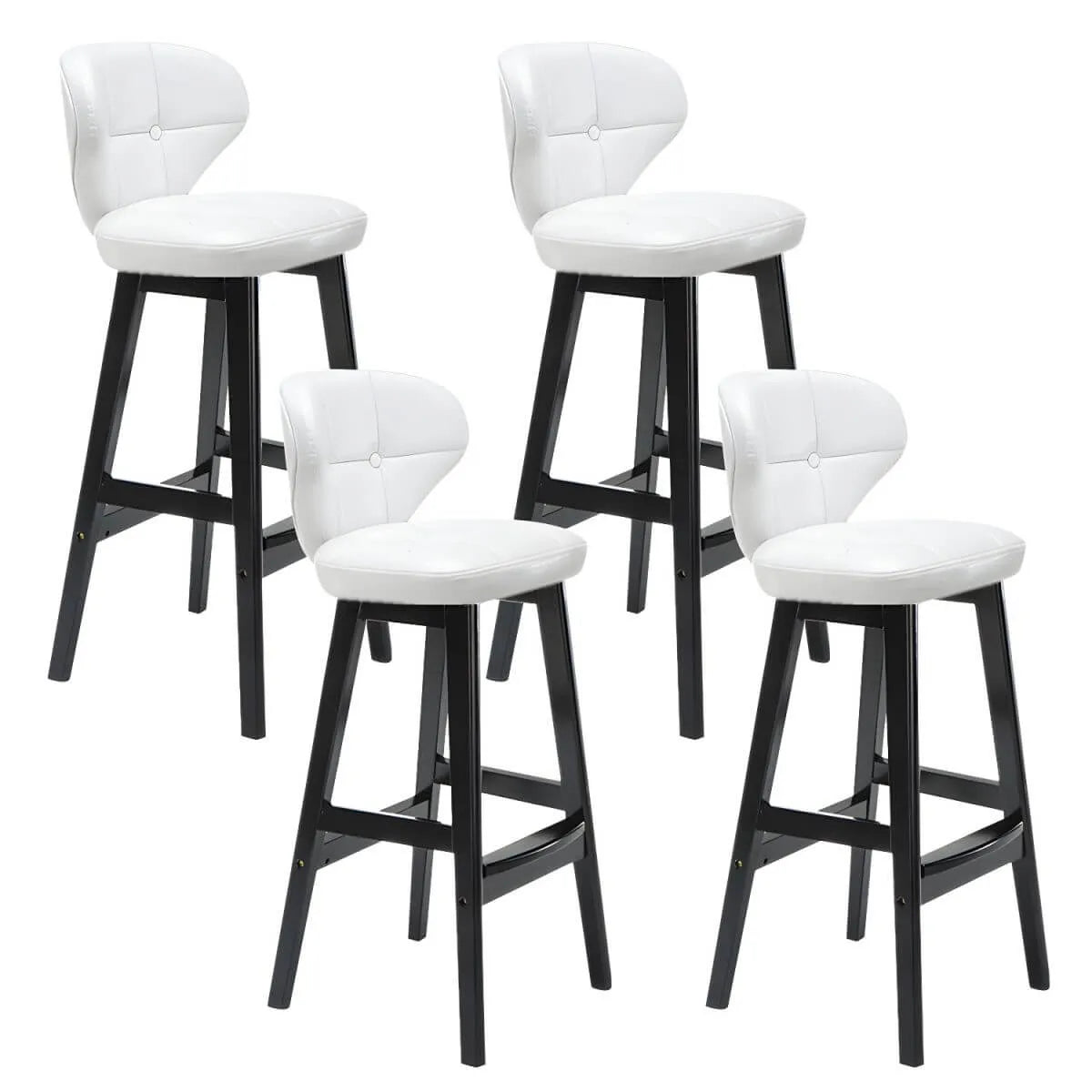 Tufted Leather Bar Stool with Low Curved Back and X-Brace Wood Legs