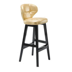 Tufted Leather Bar Stool with Low Curved Back and X-Brace Wood Legs
