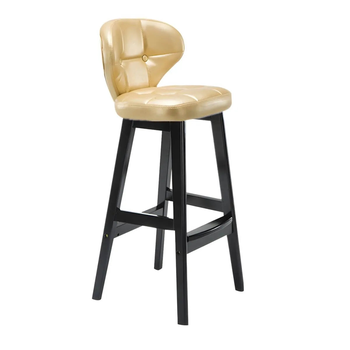 Tufted Leather Bar Stool with Low Curved Back and X-Brace Wood Legs