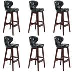 Tufted Leather Bar Stool with Low Curved Back and X-Brace Wood Legs