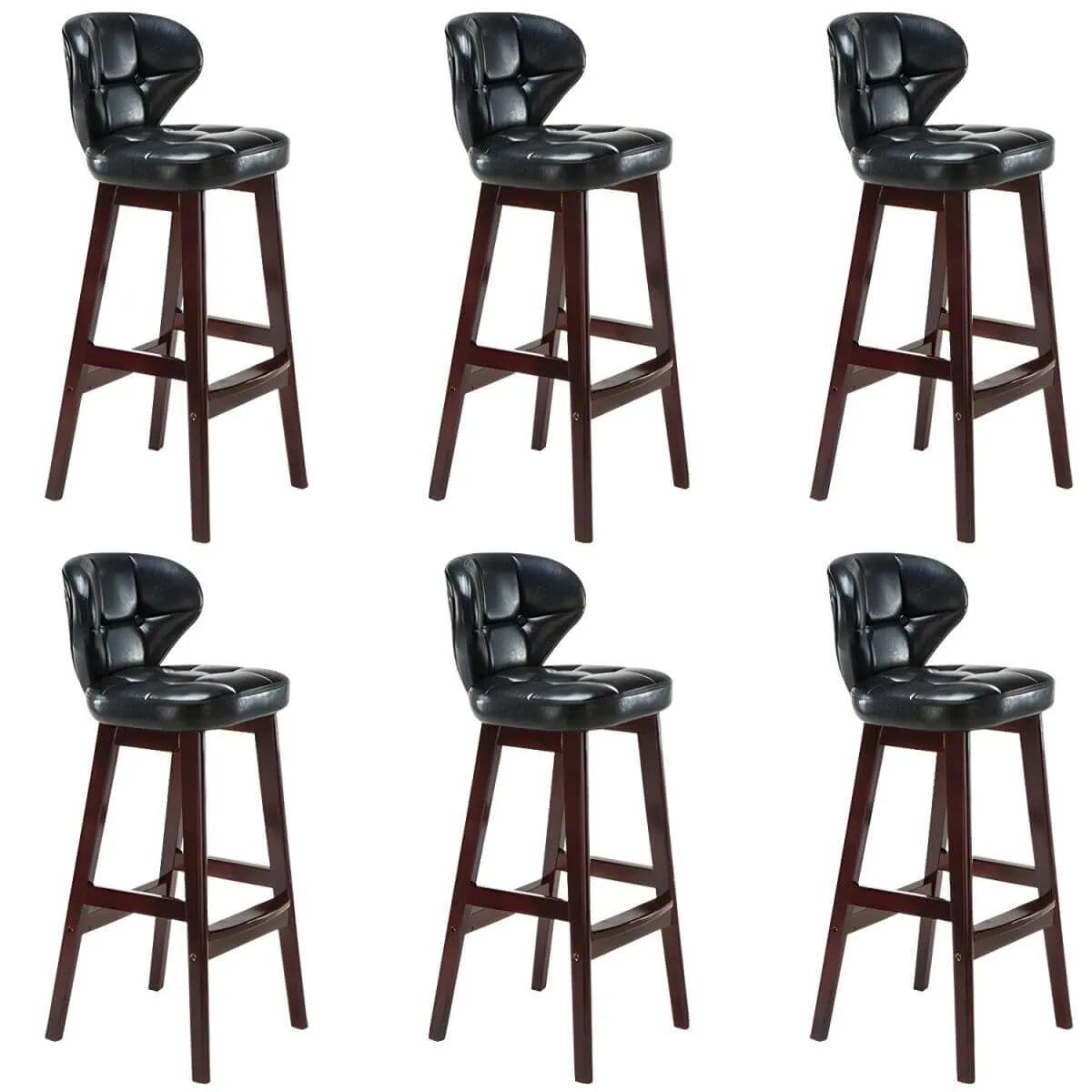 Tufted Leather Bar Stool with Low Curved Back and X-Brace Wood Legs