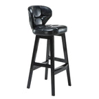 Tufted Leather Bar Stool with Low Curved Back and X-Brace Wood Legs