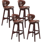 Tufted Leather Bar Stool with Low Curved Back and X-Brace Wood Legs