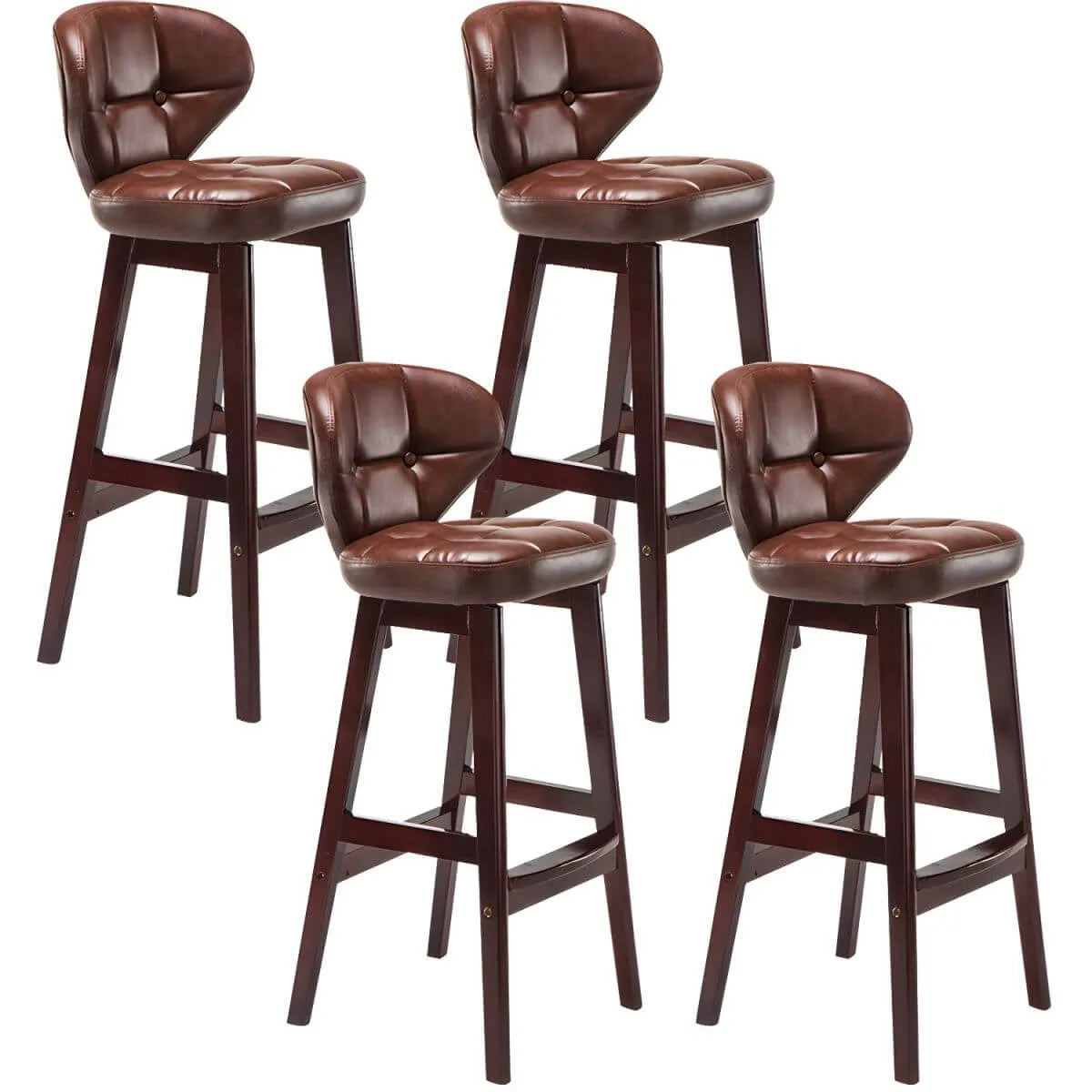 Tufted Leather Bar Stool with Low Curved Back and X-Brace Wood Legs