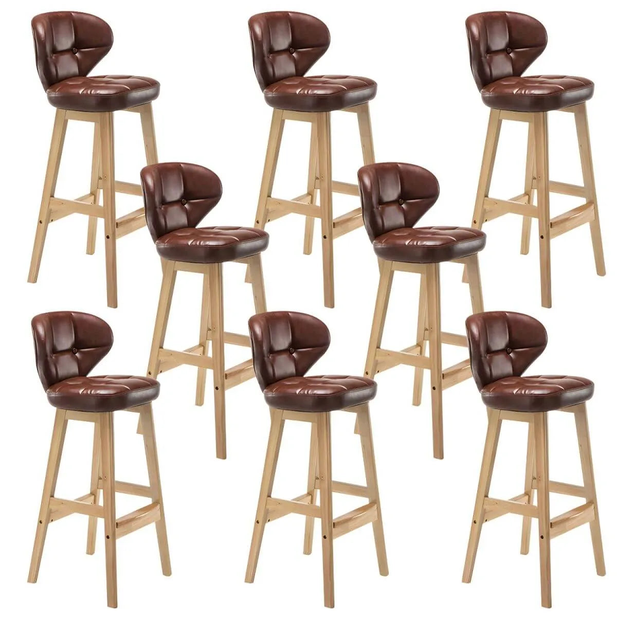 Tufted Leather Bar Stool with Low Curved Back and X-Brace Wood Legs