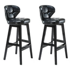 Tufted Leather Bar Stool with Low Curved Back and X-Brace Wood Legs