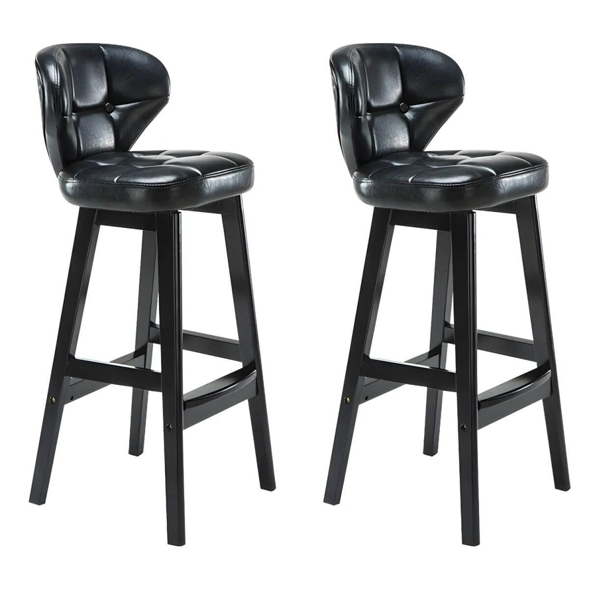 Tufted Leather Bar Stool with Low Curved Back and X-Brace Wood Legs