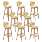 Tufted Leather Bar Stool with Low Curved Back and X-Brace Wood Legs