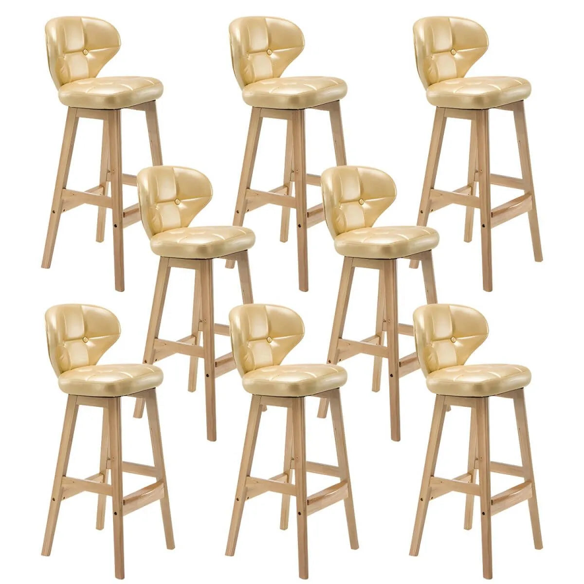 Tufted Leather Bar Stool with Low Curved Back and X-Brace Wood Legs