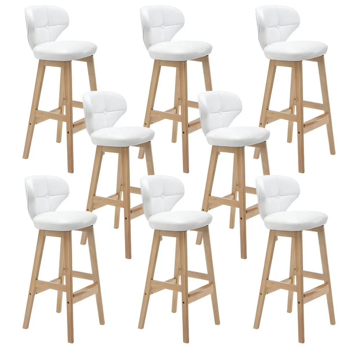 Tufted Leather Bar Stool with Low Curved Back and X-Brace Wood Legs