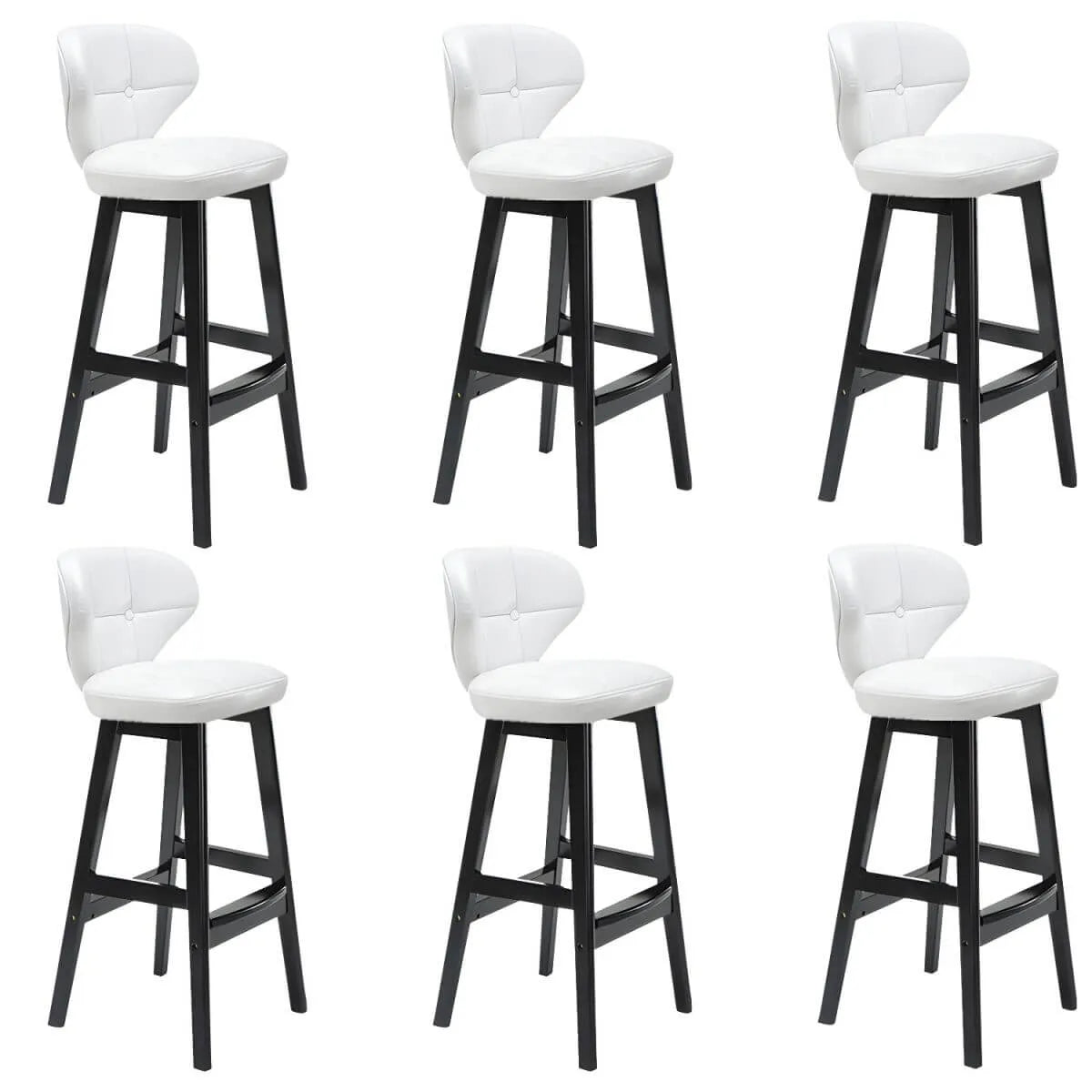 Tufted Leather Bar Stool with Low Curved Back and X-Brace Wood Legs