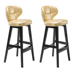 Tufted Leather Bar Stool with Low Curved Back and X-Brace Wood Legs