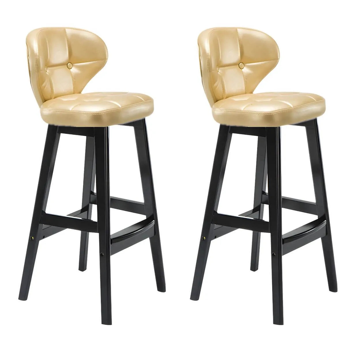 Tufted Leather Bar Stool with Low Curved Back and X-Brace Wood Legs
