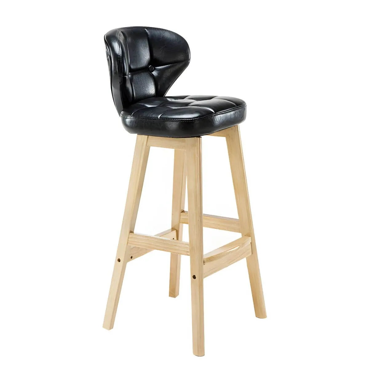 Tufted Leather Bar Stool with Low Curved Back and X-Brace Wood Legs