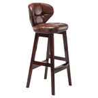 Tufted Leather Bar Stool with Low Curved Back and X-Brace Wood Legs