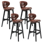 Tufted Leather Bar Stool with Low Curved Back and X-Brace Wood Legs